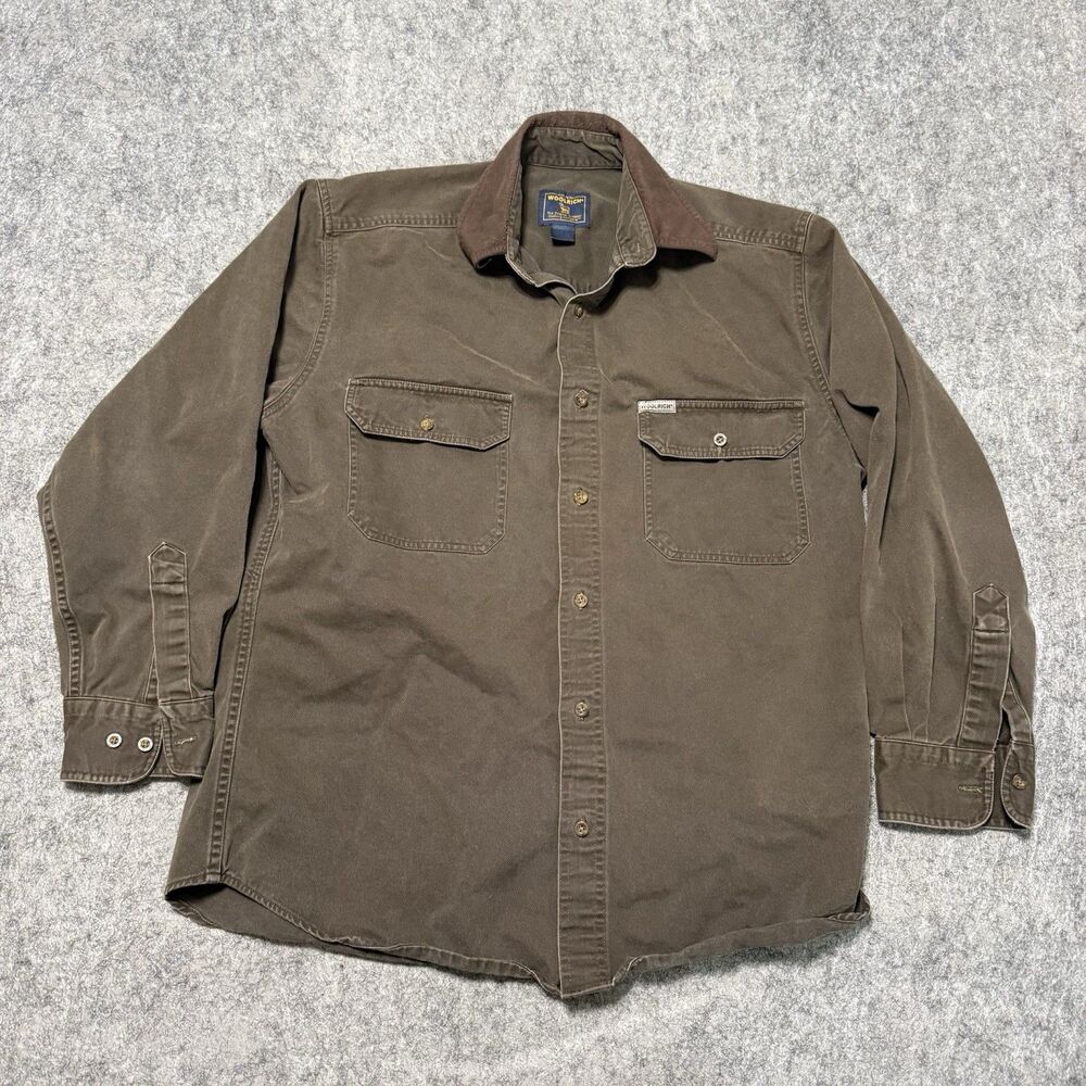 Vtg 90s Woolrich Canvas Chamois Shirt Jacket L Brown Twill Faux Suede Collar